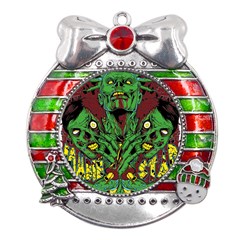 Zombie Star Monster Green Monster Metal X mas Ribbon With Red Crystal Round Ornament by Sarkoni