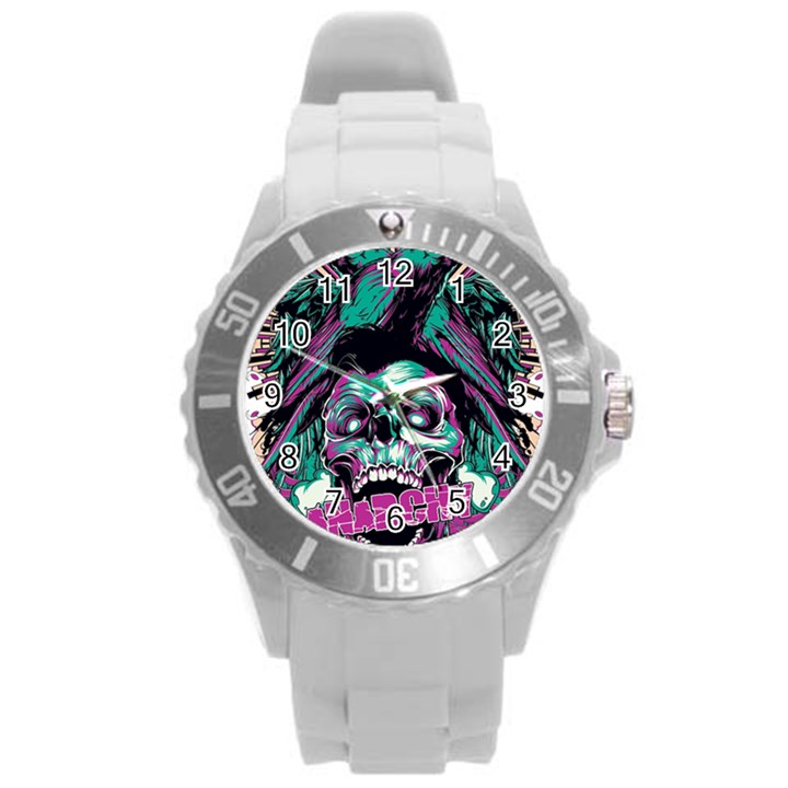 Anarchy Skull And Birds Round Plastic Sport Watch (L)