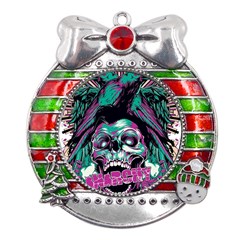 Anarchy Skull And Birds Metal X mas Ribbon With Red Crystal Round Ornament