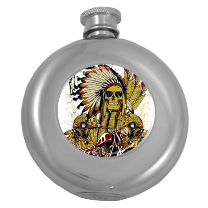 Motorcycle And Skull Cruiser Native American Round Hip Flask (5 oz)