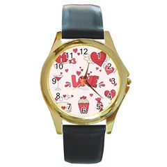 Hand Drawn Valentines Day Element Collection Round Gold Metal Watch by Bedest