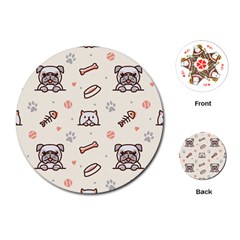 Pug Dog Cat With Bone Fish Bones Paw Prints Ball Seamless Pattern Vector Background Playing Cards Single Design (round) by Bedest