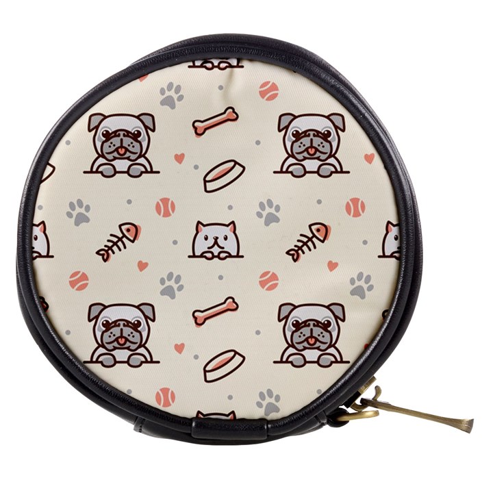 Pug Dog Cat With Bone Fish Bones Paw Prints Ball Seamless Pattern Vector Background Mini Makeup Bag