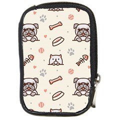 Pug Dog Cat With Bone Fish Bones Paw Prints Ball Seamless Pattern Vector Background Compact Camera Leather Case by Bedest