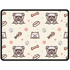 Pug Dog Cat With Bone Fish Bones Paw Prints Ball Seamless Pattern Vector Background Fleece Blanket (large) by Bedest