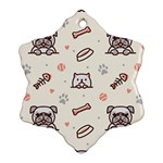 Pug Dog Cat With Bone Fish Bones Paw Prints Ball Seamless Pattern Vector Background Snowflake Ornament (Two Sides) Back