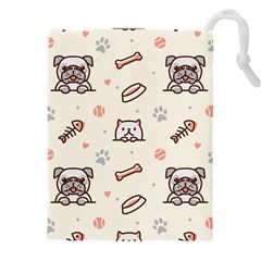 Pug Dog Cat With Bone Fish Bones Paw Prints Ball Seamless Pattern Vector Background Drawstring Pouch (5xl) by Bedest