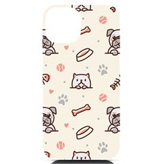 Pug Dog Cat With Bone Fish Bones Paw Prints Ball Seamless Pattern Vector Background Iphone 14 Black Uv Print Case by Bedest