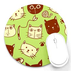 Cute Hand Drawn Cat Seamless Pattern Round Mousepad by Bedest