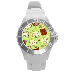 Cute Hand Drawn Cat Seamless Pattern Round Plastic Sport Watch (l) by Bedest