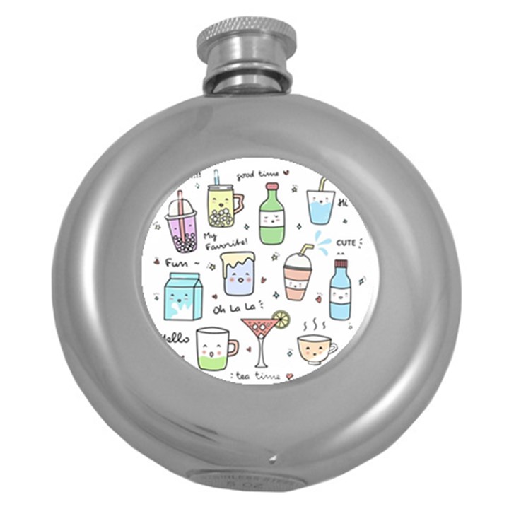 Drinks Cocktails Doodles Coffee Round Hip Flask (5 oz)