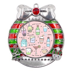 Drink Cocktail Doodle Coffee Metal X mas Ribbon With Red Crystal Round Ornament