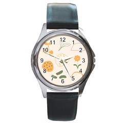 Cherries Flower Leaves Floral Round Metal Watch by Apen