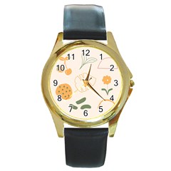 Cherries Flower Leaves Floral Round Gold Metal Watch by Apen