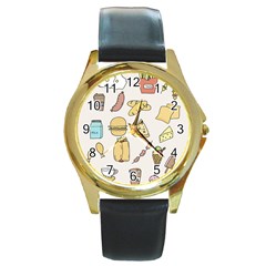 Dinner Meal Food Snack Fast Food Round Gold Metal Watch by Apen