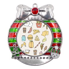 Dinner Meal Food Snack Fast Food Metal X mas Ribbon With Red Crystal Round Ornament