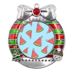 Watermelon Fruit Pattern Tropical Metal X mas Ribbon With Red Crystal Round Ornament by Apen