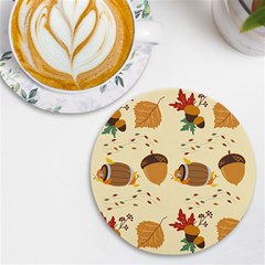 Leaves Foliage Acorns Barrel Uv Print Round Tile Coaster by Apen