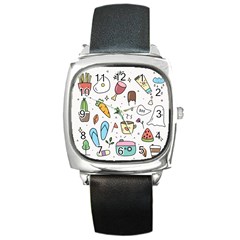 Doodle Fun Food Drawing Cute Square Metal Watch by Apen