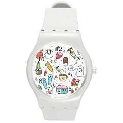 Doodle Fun Food Drawing Cute Round Plastic Sport Watch (m) by Apen