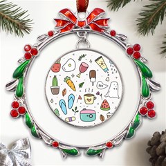 Doodle Fun Food Drawing Cute Metal X mas Wreath Ribbon Ornament by Apen