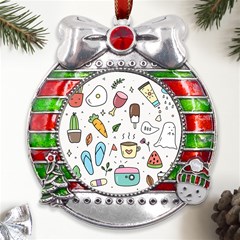 Doodle Fun Food Drawing Cute Metal X mas Ribbon With Red Crystal Round Ornament by Apen