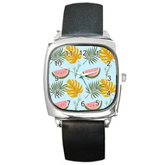 Watermelon Leaves Fruit Foliage Square Metal Watch by Apen