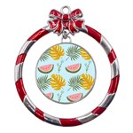 Watermelon Leaves Fruit Foliage Metal Red Ribbon Round Ornament Front