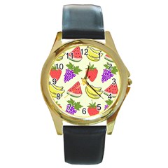 Fruits Pattern Background Food Round Gold Metal Watch