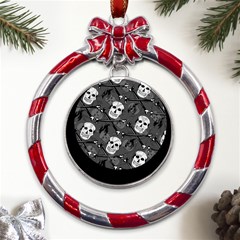 Skull Skeleton Pattern Texture Metal Red Ribbon Round Ornament by Apen