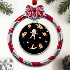 Astronaut Space Rockets Spaceman Metal Red Ribbon Round Ornament by Ravend