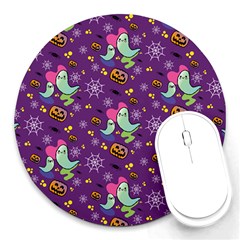 Pumpkins Ghosts Skeleton Pattern Round Mousepad by Ravend