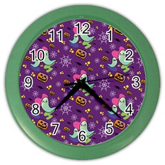 Pumpkins Ghosts Skeleton Pattern Color Wall Clock by Ravend