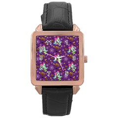 Pumpkins Ghosts Skeleton Pattern Rose Gold Leather Watch  by Ravend