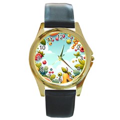 Fruits Sweet Papaya Orange Pattern Round Gold Metal Watch by Ravend