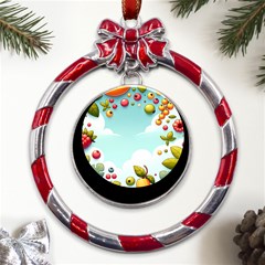 Fruits Sweet Papaya Orange Pattern Metal Red Ribbon Round Ornament by Ravend