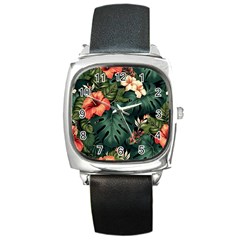 Flowers Monstera Foliage Tropical Square Metal Watch by Ravend