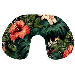 Flowers Monstera Foliage Tropical Travel Neck Pillow by Ravend