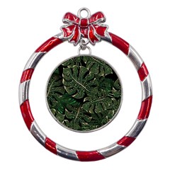 Monstera Plant Tropical Jungle Metal Red Ribbon Round Ornament by Ravend