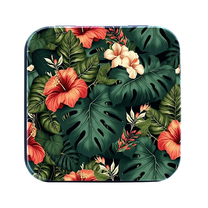 Flowers Monstera Foliage Tropical Square Metal Box (Black)