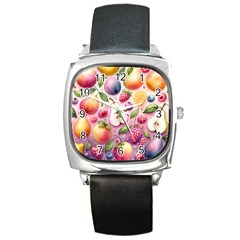 Fruits Apple Strawberry Raspberry Square Metal Watch by Ravend