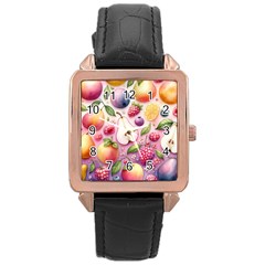 Fruits Apple Strawberry Raspberry Rose Gold Leather Watch  by Ravend