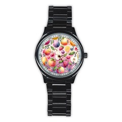 Fruits Apple Strawberry Raspberry Stainless Steel Round Watch by Ravend