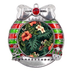 Flowers Monstera Foliage Tropical Metal X mas Ribbon With Red Crystal Round Ornament by Ravend