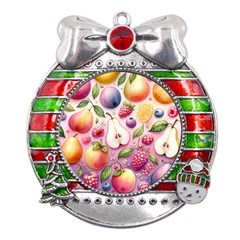 Fruits Apple Strawberry Raspberry Metal X mas Ribbon With Red Crystal Round Ornament by Ravend