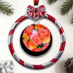 Bouquet Floral Blossom Anniversary Metal Red Ribbon Round Ornament by Ravend