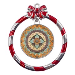 Mandala Floral Decorative Flower Art Metal Red Ribbon Round Ornament by Ravend