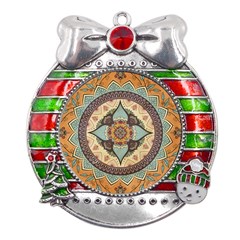 Mandala Floral Decorative Flower Art Metal X mas Ribbon With Red Crystal Round Ornament by Ravend