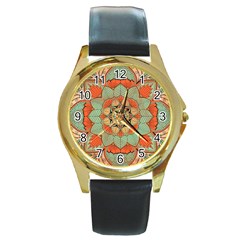 Mandala Floral Decorative Flower Round Gold Metal Watch by Ravend