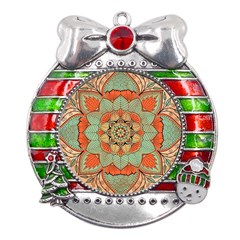 Mandala Floral Decorative Flower Metal X mas Ribbon With Red Crystal Round Ornament by Ravend